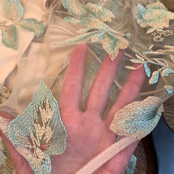 Adriana Papell Champagne and Seagreen Floral Embroidered Wedding Guest Dress - Picture 12 of 12